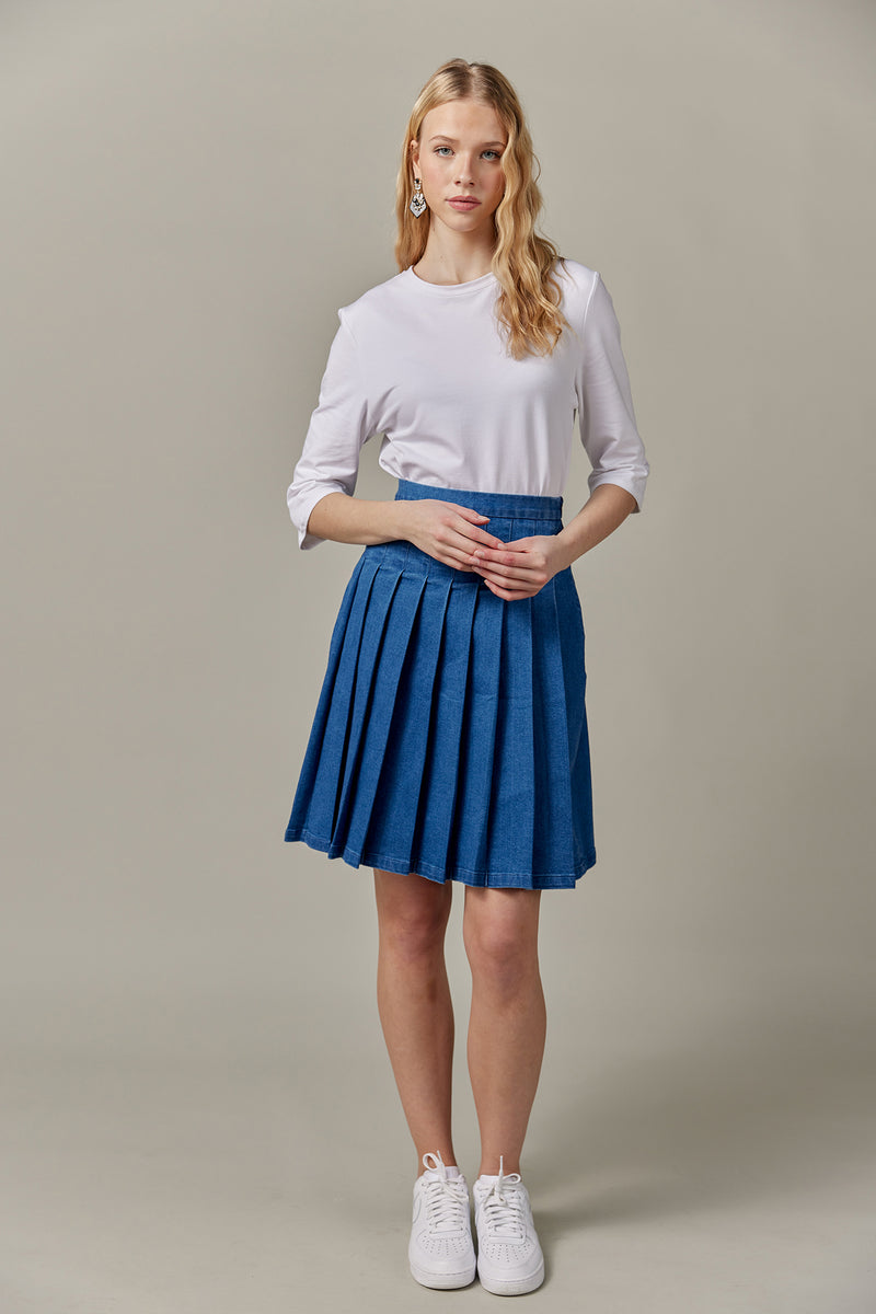 ARMENWASHED DENIM PLEATED WRAP SKIRT+select-technology.net