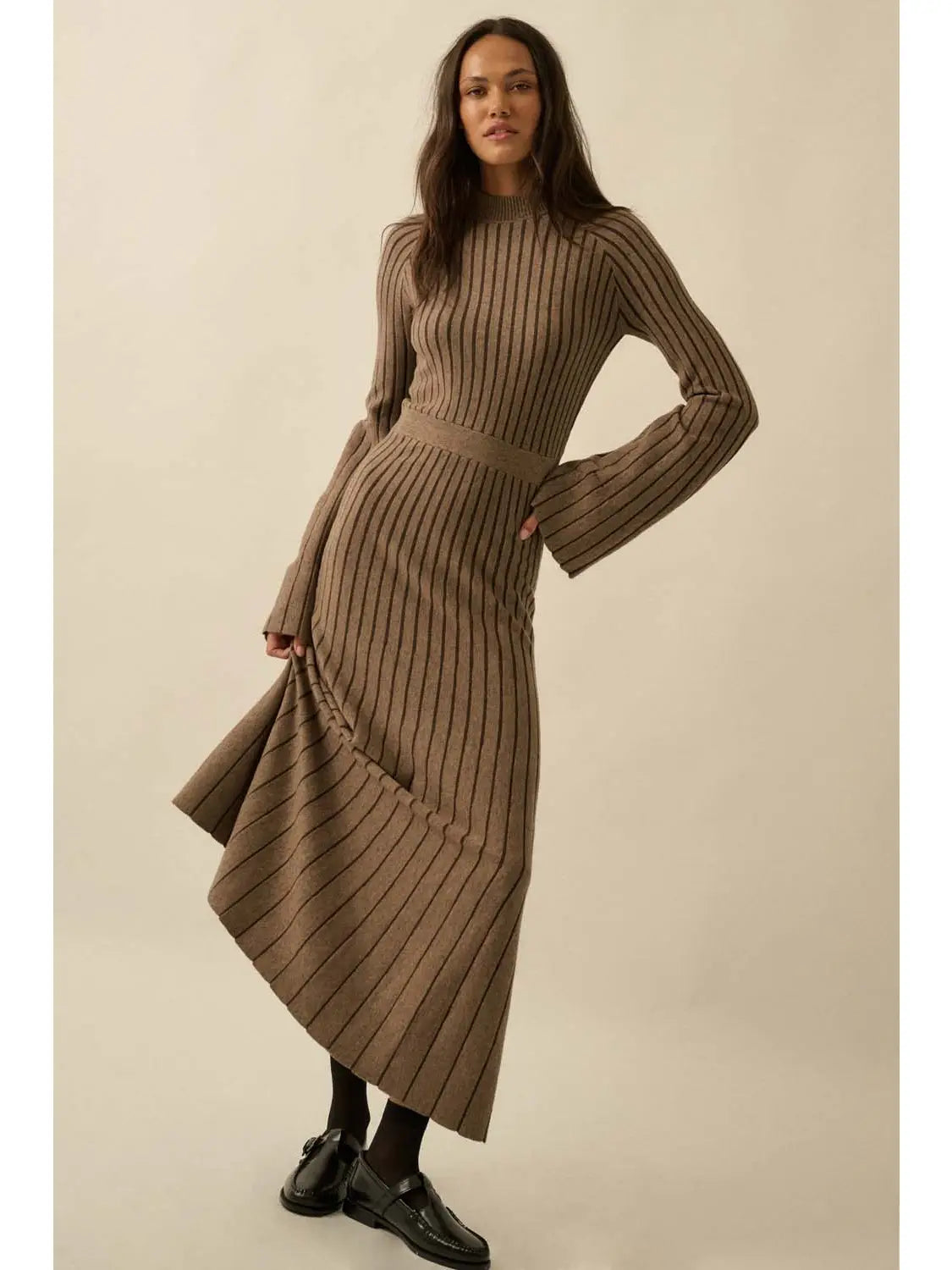 Striped Rib Knit Bell Sleeve Sweater Dress