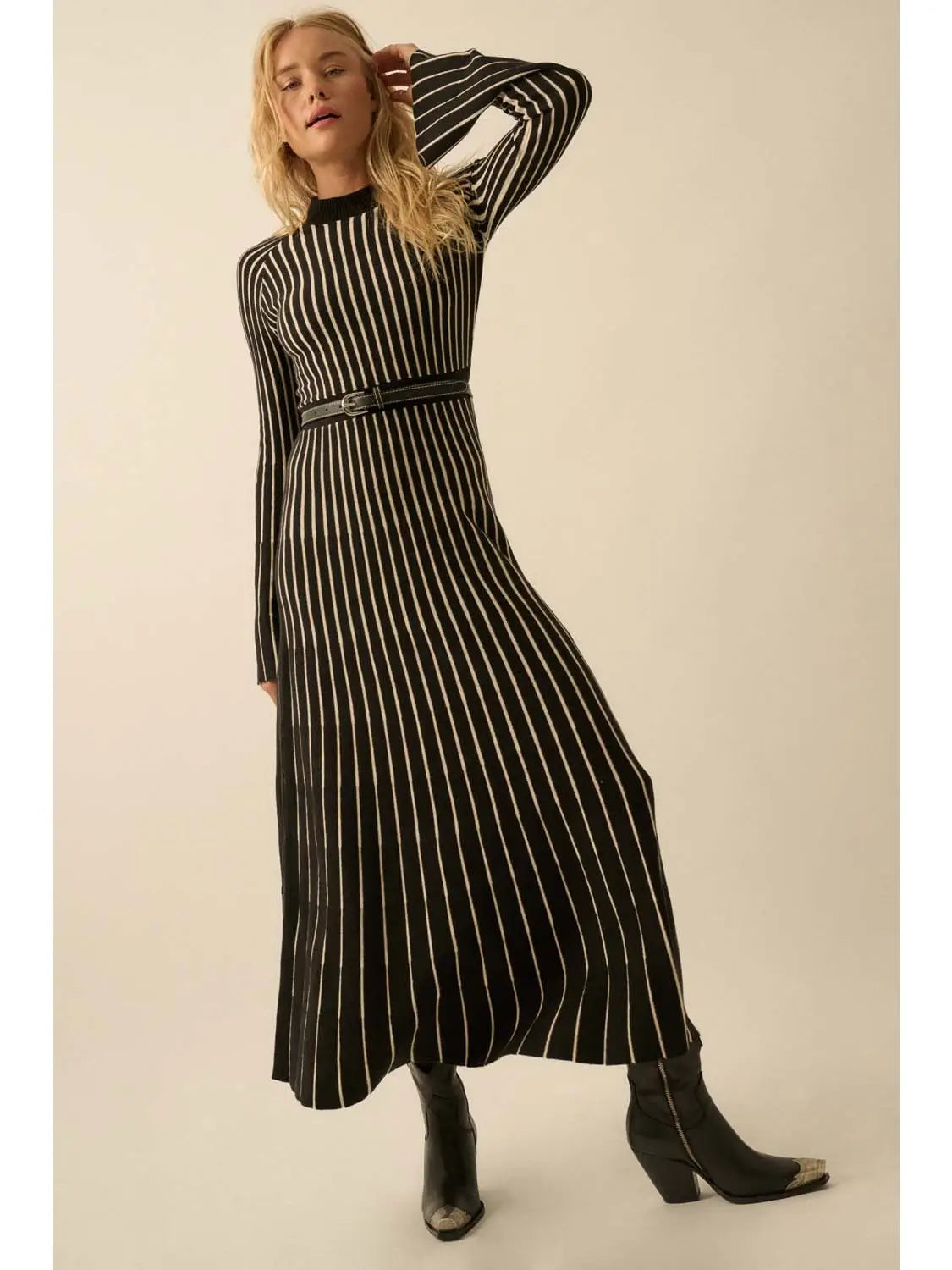 Striped Rib Knit Bell Sleeve Sweater Dress