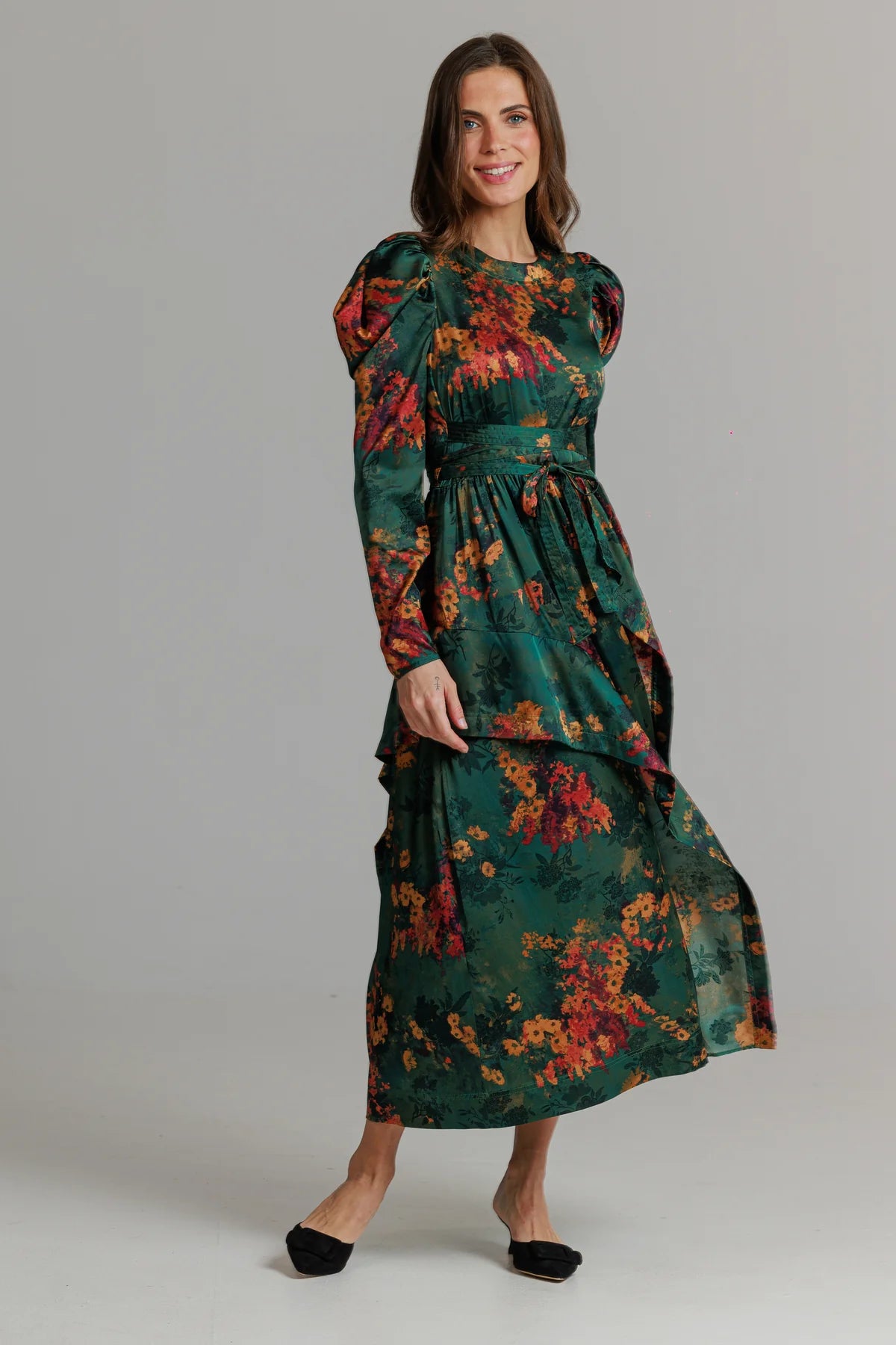 forest green floral dress Baltic Born Womens Kearny Ruffle Maxi Dress | Dark Green Floral