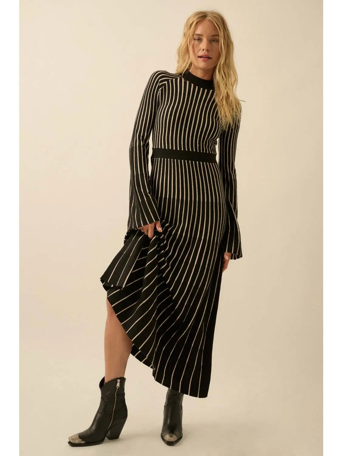 Striped Rib Knit Bell Sleeve Sweater Dress