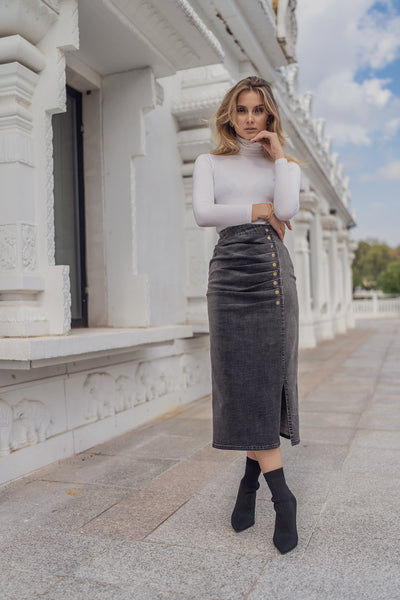 【BAON】Hirit Gray Washed Denim Midi Skirt BAON】Hirit Gray Washed Denim Midi Skirt