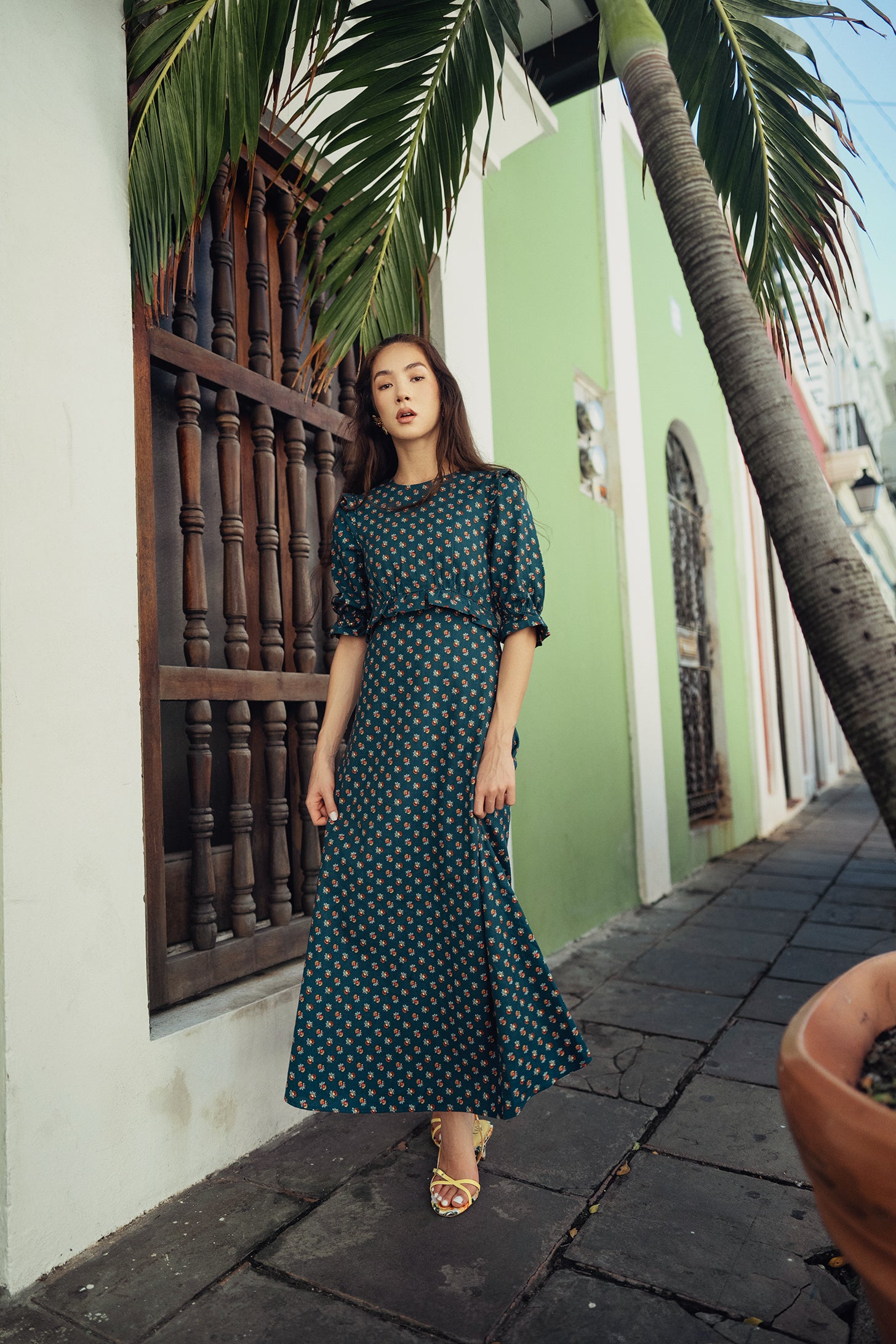 Bliss Flutter Sleeve Empire Waist Dress Teal Floral – Sheek