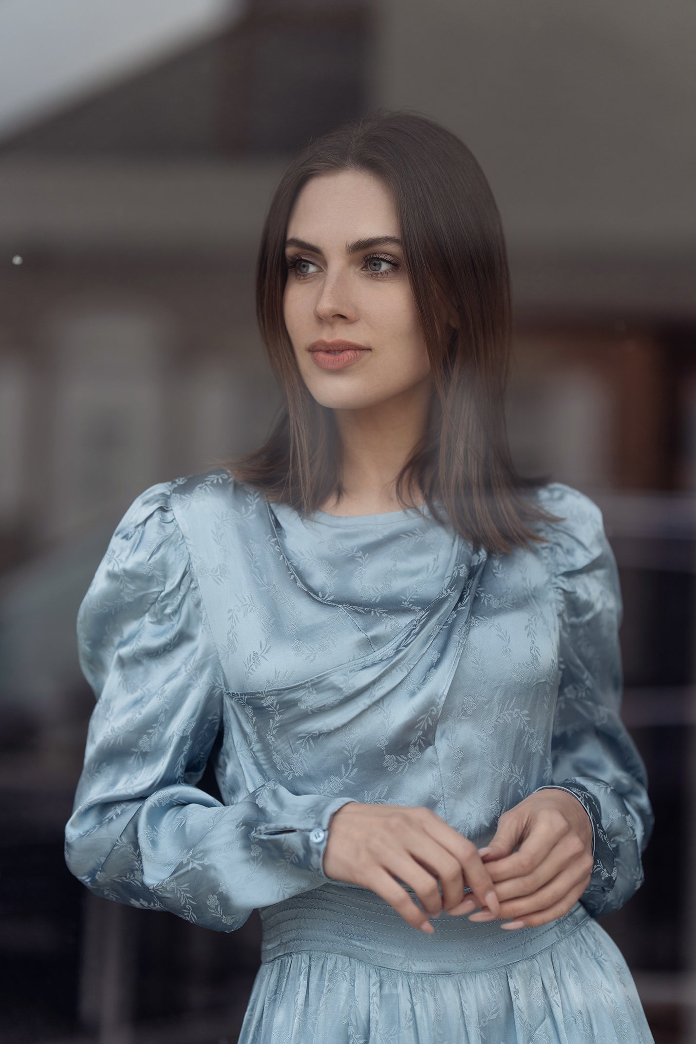 Rose Gold Satin Drape Dress Slate Blue Sheek Rose Gold Satin Drape Dress Slate Blue Sheek